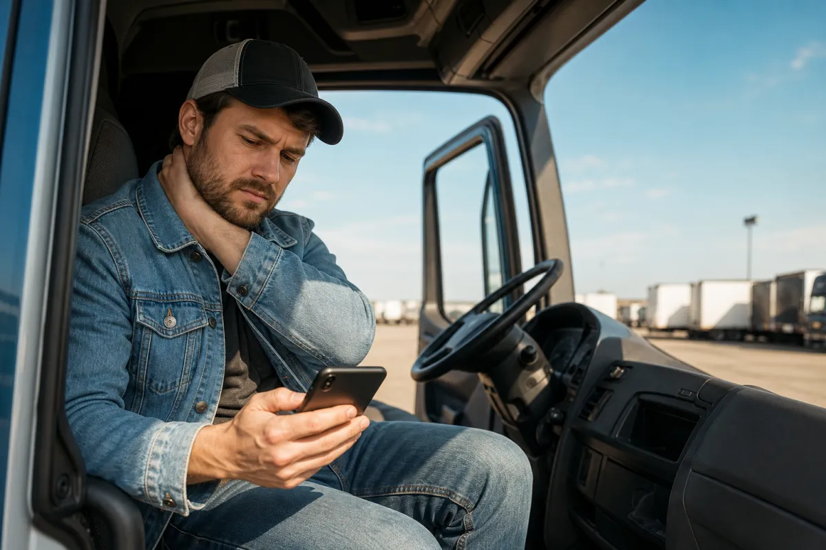 Truck driver in his cab checking his phone